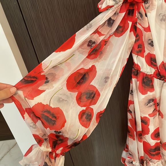 🤍NICHOLAS Poppy Floral Off-the-shoulder Silk mini Dress Red/white ❤️ - Picture 8 of 13